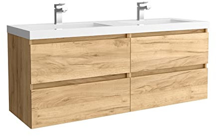 Salgar Mueble de baño Bequia 140 cm con Lavabo 100% montado de fábrica | Acabado Roble suspendido 4 cajones Cierre amortiguado Apertura con uñero | Lavabo 2 pozas Porcelana Blanca | Marca