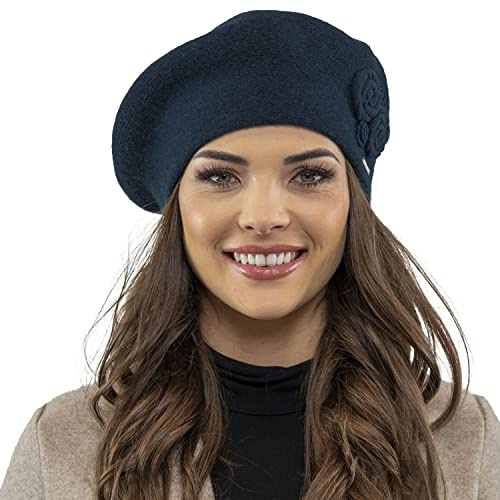 VIVISENCE Femme Béret pour L'automne Et l'hiver Élégant Style Classique en Laine Chaude avec Décorations Délicates Taille Universelle Accessoire Hiver Polyvalent 7037, Bleu Foncé,Taille Unique