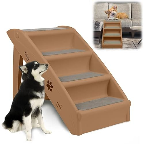 YUENFONG Hundetreppe für Kleine Hunde Haustiertreppe 4 Stufen faltbar, Katzentreppe mit Rutschfesten und Stützstange, für Katze, Hunde bis zu 75KG (Braun)