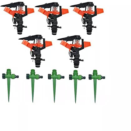 [Pack 5] Aspersor agrícola sectorial ½ pulgadas + Pincho. Aspersor de impacto con distancia de tiro 8 a 13 m y ángulo de riego ajustable. Resistentes a agentes externos y radio circular de 360