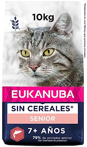 EUKANUBA Grain Free Alimento Seco para Gatos Sénior, Alimento Seco Premium Rico en Salmón para Gatos de Edad Avanzada, 10 kg