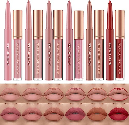 12 Pcs Liquid Lipstick Lipliner Set Nude Lipliner Matte Lipstick Long Lasting Non-Fading Waterproof Lip Glosses Makeup Set Gift For Women (Set C)