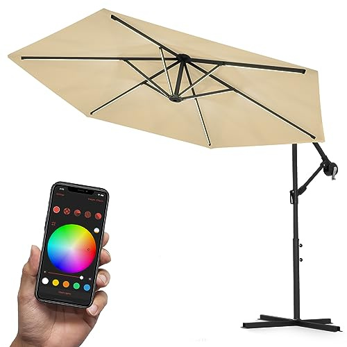 Swing & Harmonie Luxus LED Sonnenschirm mit RGB Beleuchtung inkl. Fernbedienung, APP Steuerung, Ampelschirm, Garten Schirm