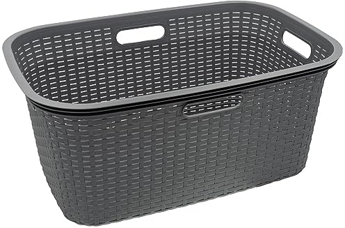 HRB Wäschekorb Plastik Rattan Optik, 40 L Wäsche Box Volumen, Wäschesammler mit 58,5 x 39 x 26 cm Außenmaß, Wäsche Sortierer groß, Aufbewahrungskorb 1 Stück, Grau