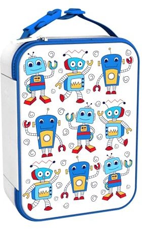 ION8 Bolsa Termica Porta Alimentos, Cremallera Fácil Acceso en 3 Lados, Bolsillo Externo para Botellas, Acolchado y Forrado Lavable, Parche de Nombre, Poliéster, Impreso, Robots