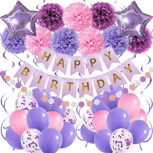 Recosis Violett Rosa Geburtstagsdekorationen, Frauen Mädchen Party Dekorationen Alles Gute zum Geburtstag Dekorationen mit Banner für Frauen Mädchen Engagement Jahrestag Geburtstagsfeier Zubehör