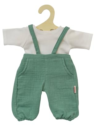 Heless 1416 - Puppenkleidung aus Musselin, 100 Prozent Bio-Baumwolle, 2-teiliges Set mit Latzhose in Salbeigrün und weißem T-Shirt für Puppen und Kuscheltiere der Größe 28-35 cm