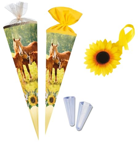 Nestler School cone set for filling, handmade cardboard sugar cone - motif foal willow, school cone, lace protector, bow (85 cm hexagonal)