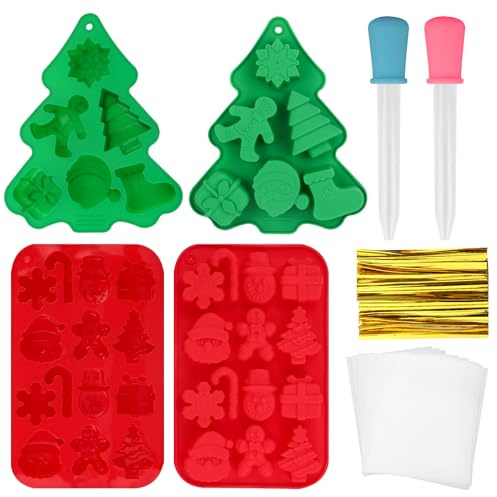 2 Stück Silikonform Weihnachten Backen (mit Dropper, Snack-Beutel und Krawatten), Silikonformen Gießformen Weihnachten, Gießformen Silikon Weihnachten für Plätzchen, Kuchen, Süßwaren (Rot, Grün)