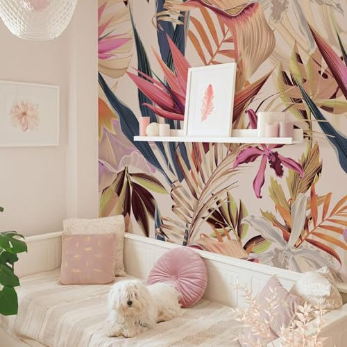 FUNLIFE Papier Peint Tropicales Jungle - Feuilles Colorées Rose Texture Cuir - Adhésif Mural Salon Chambre 240x250cm