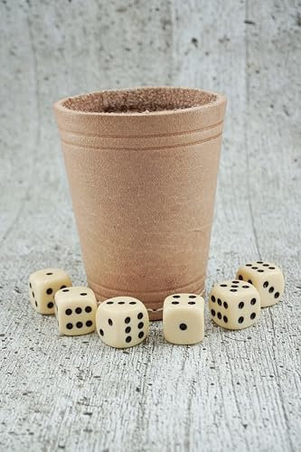 KENDi GAMES Qualitäts Würfelbecher - echt Leder - Höhe 9 cm - Durchmesser 7cm - Set mit 6 elfenbeinfarbigen Würfeln und Kurzanleitung - Play: TOOSMASTER