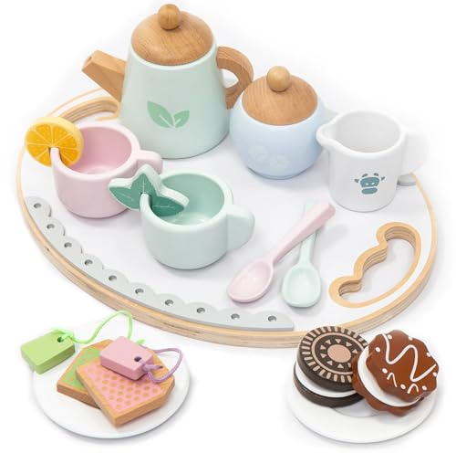 UMU Wooden Tea Service Play Set for Children – Tea Set with Tray, Colorful Cups, Tea Bags and More, Wooden Toy & Children's Kitchen Accessory, Tea Party Set for Ages 3, 4, 5, 6 Years