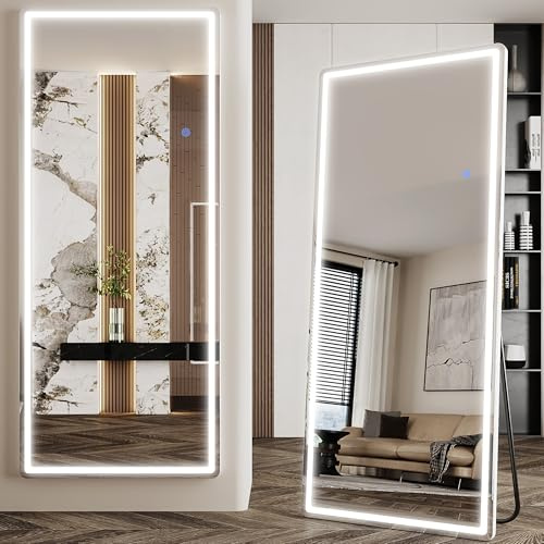 Antok LED Full Length Mirror with Light, 71x28 Lighted Full Body Mirror with Stand, Dimmable & 3 Color Lighting Standing/Leaning/Wall Mounted Vanity Mirror for Bedroom Cloakroom Livingroom(Rect)
