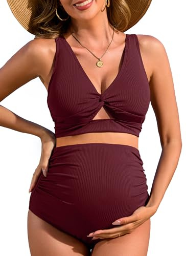 Charmo Pregnancy Bikini for Women Ribbed Cutout Maternity Swimsuit High Waist Push up 2 Piece Bathing Suit Swim Burgundy L
