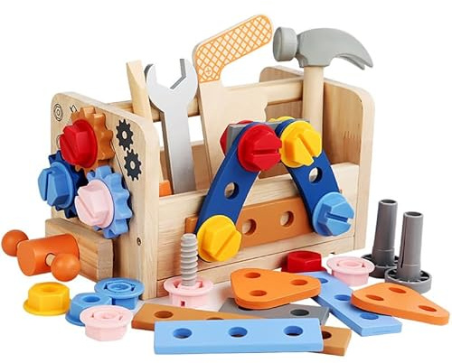 Kibi Boîte à outils pour enfants, établi de travail pour enfants, jeux en bois pour enfants, jeux éducatifs, cadeau enfant 2 3 4 ans, 39 outils jouet pour enfants