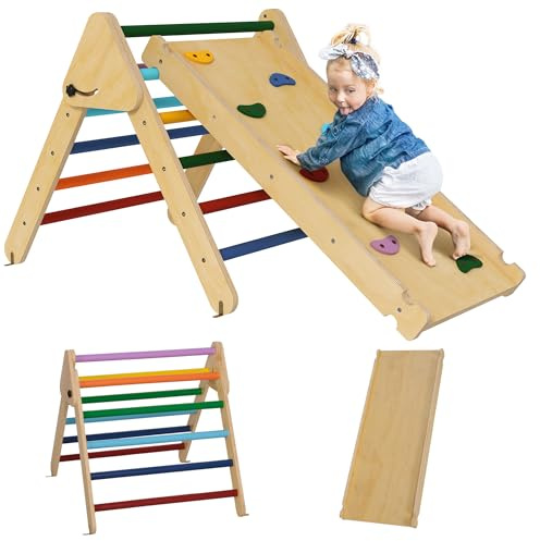 AIYAPLAY 3 en 1 Triángulo de Escalada Montessori Escalada para Niños de Madera Plegable para 18-48 Meses con Rampa para Deslizarse o Escalar Multicolor
