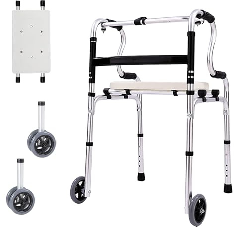 Andador para personas mayores, andador de aluminio regulable en altura con 2 ruedas giratorias, andadores plegables portátiles, andador con 6 posiciones de altura y asiento desmontable, hasta 150 kg