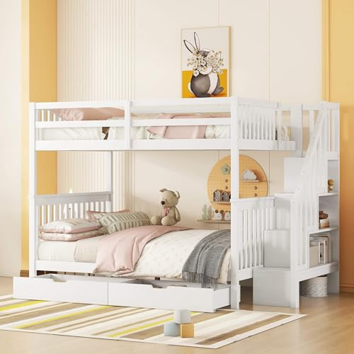 HYUB Etagenbett Kinderbett 140x200 cm mit Schubladen und Treppe, Stockbett mit Stauraum und Lattenrost, Bettgestell mit Rausfallschutz, Stauraumbett, Weiß