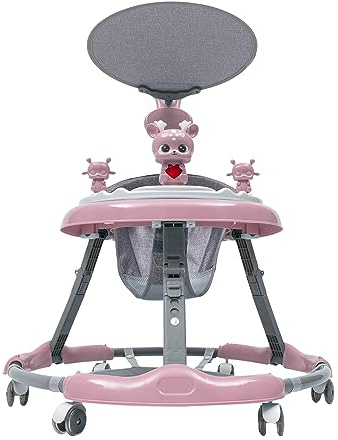 Ställbara gåvagnar, baby gåhjälpmedel med parasoll och lågt ljud PVC-hjul, universell rullator, babygångvagn, anti-rullning, hopfällbar walker för flickor pojkar 6–18 månader (rosa)