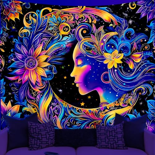 WEBEEDY Schwarzlicht Wandteppich UV Reaktive Mond Und Stern Tapisserie Schwarzlicht Mondgöttin Boho Wandbehang Blumen Boho Ästhetik Wandteppiche Für Halloween Weihnachten Party Dekor 150x130cm