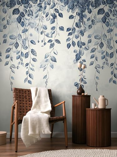 Livingwalls CosmoLiving Non-Woven Wallpaper with Leaf Design in Blue, Cream, White – 8,80 x 0,53 m Floral Wallpaper by Cosmopolitan – 791445