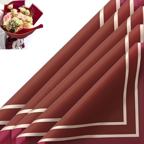 Winwinland 20 Blatt Blumenpapier Geschenkpapier Wasserdicht, 56x56cm Floristenpapier mit Band für Blumenstrauß, Geschenkverpackungen, Kunsthandwerk - Rot mit Goldrand