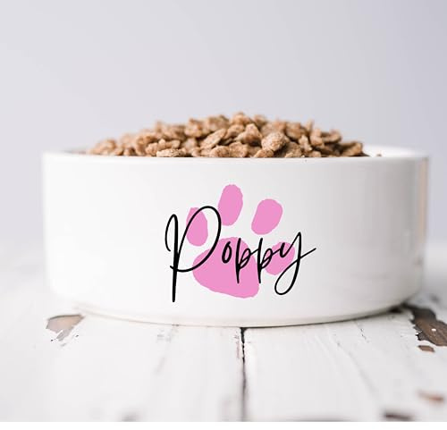 Personalised Pet Bowl Dog Cat with Paw Print Design, Custom Name, Food Water Dish, Ceramic Large and Small Sizes