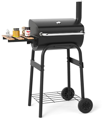 TANGZON Charcoal Barbecue Grill, Barrel Drum BBQ Trolley with Temperature Gauge, Adjustable Vent, Grid Shelf & Wheels, Powder Coated Steel Outdoor Portable Smoker (with Folding Side Table)