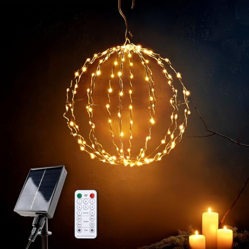 Solar Weihnachtsbeleuchtung Außen mit Fernbedienung 1 Stück, LED Kugel Hängend Ø 30cm 140 LEDs, 1200mAh, 4/6/8h Timer, Dimmbar, 8 Modi, IP44 Wasserdicht, Deko Lichterkette für Garten & Balkon