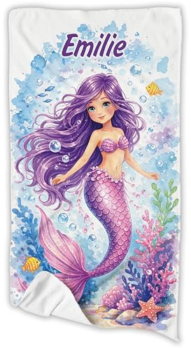 Unikatolo Badetuch Handtuch Kinder mit Name personalisiert (Meerjungfrau lila, 50 x 100 cm)