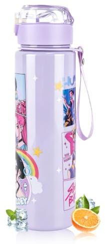 Gourde avec Paille Fille pour kppop, 750ml, pour l'école et les Activités | Bouteille en plastique, avec cordon, bouchon à ressort, pour les activités de plein air