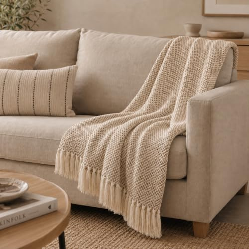 Donegal Collections - Colcha Multiusos 130x180 cm Beige Timoni - Manta Sofa 4 Estaciones - Plaid Foulard para Cama - Cubrecama, Mantita, Jarapa Suave 80% Algodón Máxima Calidad