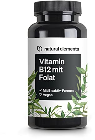 natural elements Vitamin B12 – 180 vegane Tabletten für 6 Monate – 500µg Vit B12 und 200µg Folsäure pro Tagesdosis – hochdosiert, ohne unnötige Zusätze – in Deutschland produziert & laborgeprüft