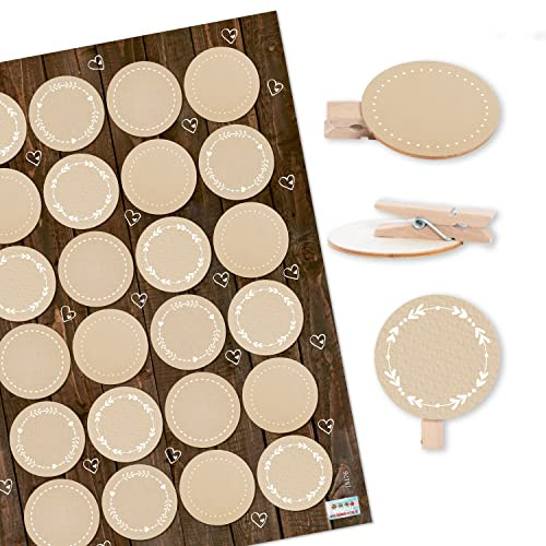 Logbuch-Verlag 96 Namensschilder Klammern aus Holz + Blanko Aufkleber zum Beschriften beige Creme Hochzeitsdeko Dekoklammer 4 cm