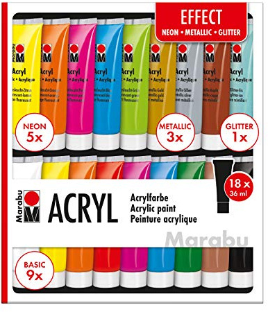 Marabu 1210000000209 - Acrylfarben Set Effect, mit 18 x 36 ml Farbe, 9 x Basic, 5 x Neon, 3 x Metallic und 1 x Glitter, auf Wasserbasis, für viele Untergründe geeignet, schnell trocknend, wasserfest