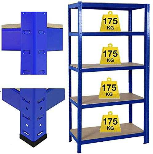 Weitspannregale, Steckregal, Schwerlastregal, Kellerregal, Metallregal, Büroregal, mit höhenverstellbaren Ablagen, bis 875 kg belastbar (175 kg pro Ablage), Garage, Keller, 200 x 100 x 50 cm, Blau