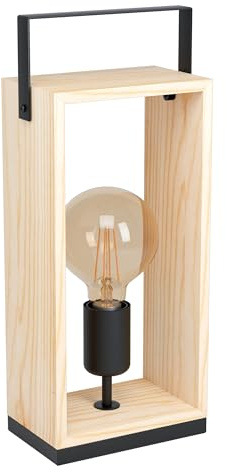 EGLO Tischlampe Famborough, 1 flammige Tischleuchte Vintage, Industrial | Skandinavisch, Nachttischlampe aus Stahl und Holz, Wohnzimmerlampe in Schwarz, Natur, Lampe mit Schalter, E27 Fassung