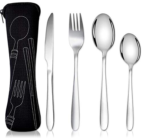 Acehome Cutlery Set with Portable Pouch Case, Stainless Steel Flatware Camping Utensil Set with Neoprene Bag for Outdoor Travel Picnic Office School Lunch Box (4 Pcs Black)