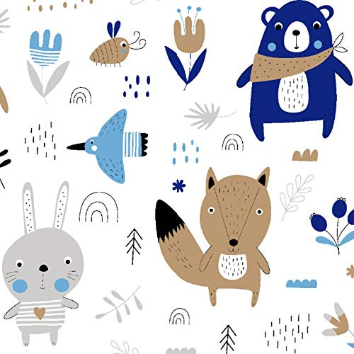 11,99€/m Tiere Wald 2 100% Baumwolle Baumwollstoff Kinder Meterware Handwerken Nähen Stoff (Bär Fuchs Hase Blau Braun 3, 100x160cm)