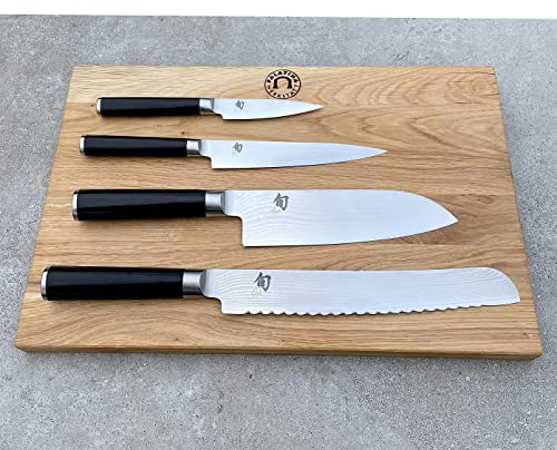 KAI SHUN Classic Messerset DM-0700 Officemesser DM-0701 Allzweckmesser + DM-0702 Santoku + DM-0705 Brotmesser + 40x25 cm Eichenbrett +