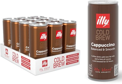 illy, Café Cold Brew Ready to Drink Cappuccino, 12 Canettes de 250ml | 100% Arabica avec des Notes de Lait et de Chocolat, Goût Doux et Arôme Intense