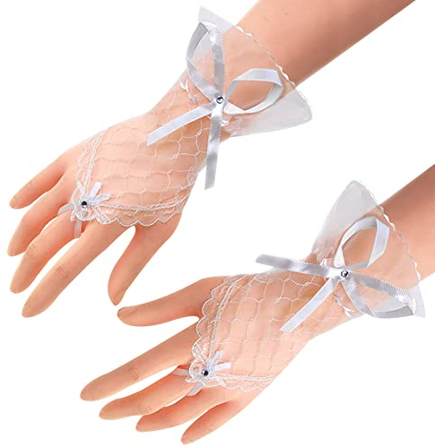 ihreesy Kurz Spitze Brauthandschuhe, Damen Fingerlose Spitzenhandschuhe Hochzeitshandschuhe mit Strass Mesh Braut Handschuhe Sommer Handgelenk Hochzeithandschuhe für Frauen Mädchen,Beige
