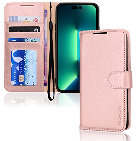 TECHGEAR iPhone 14 Pro Max Leather Wallet Case, Flip Protective Case Cover with Wallet Card Holder, Stand and Wrist Strap - Pink PU Leather with Magnetic Closure Designed for iPhone 14 Pro Max 6.7