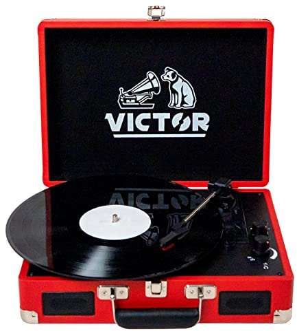 VICTOR Metro 3-Speed Portable Suitcase Turntable Record Player with Dual Bluetooth in & Out and Built-in Stereo Speakers, Red (VSRP-800-RD)