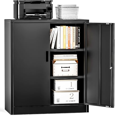 TaskStorz Metal Storage Cabinets, Metal Locking Cabinet with 2 Doors and Shelves, 36 H Metal Cabinets for Office, Home, Garage, Warehouse (Black)