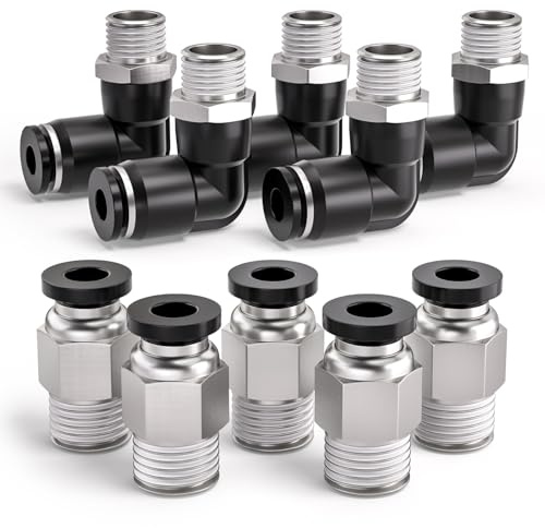 Bwintech 10 Stück 4mm Rohr auf 1/4 BSP-Außengewinde, Gerade und 90-Grad-Winkel, Pneumatische Steckverschraubung, PL4-02/PC4-02 Schnellverschluss für Luftleitungen