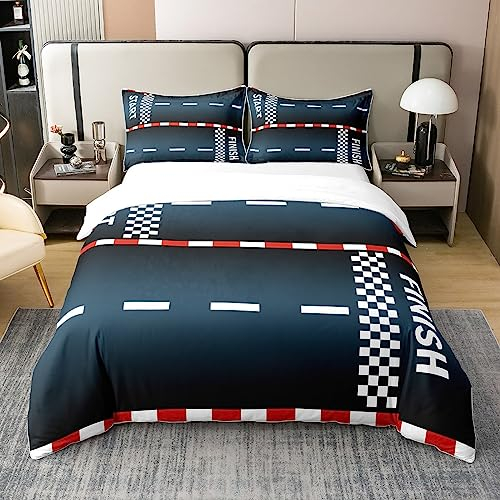 richhome Racing Car Track 100% Bio-Baumwolle Komfortbezug Cool Sport Auto Road Bettbezug Set 200x200 Schwarz Rot Weiß Gitter Geometrie Bettwäsche Set