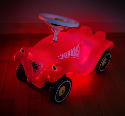 BIG - Bobby Car mit LED-Beleuchtung, 4 Lichtmodi, Flüsterreifen und zusätzlichem 70er Jahre Aufklebersatz, Rutschauto für Kleinkinder und Kinder ab 12 Monaten, Rot