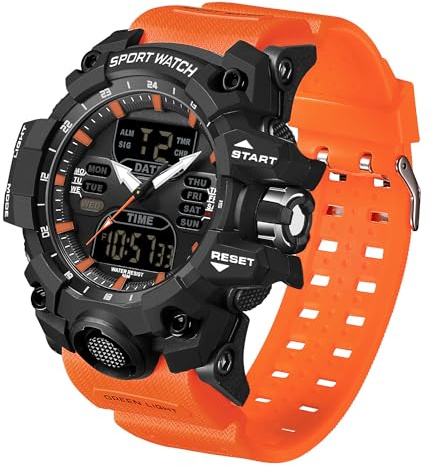 FindTime Reloj deportivo militar resistente al agua, digital, con retroiluminación LED, alarma, cronómetro, Negro y naranja, pulsera