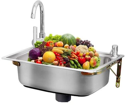 COKYIS Wandmontiertes Spültisch Edelstahl Spüle Waschbecken Küchenspüle 1 Becken, Klein Outdoor Spülbecken Mit Wasserhahn Und Ablassvorrichtung